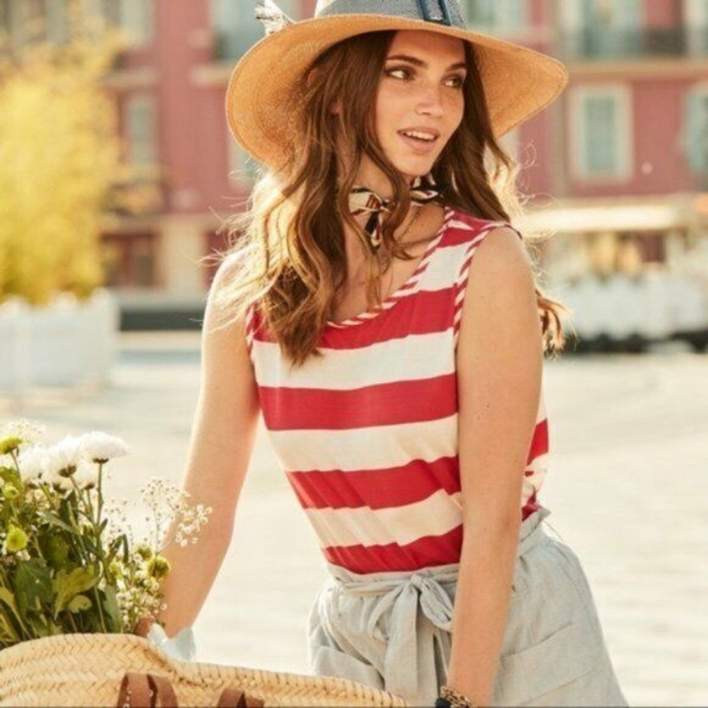 CAbi Carousel Asymmetrical Pink Striped Tank Top
